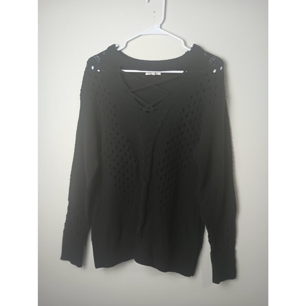 Maurices Black Crochet knit Sweater V Neck Women Size Medium Goth Punk